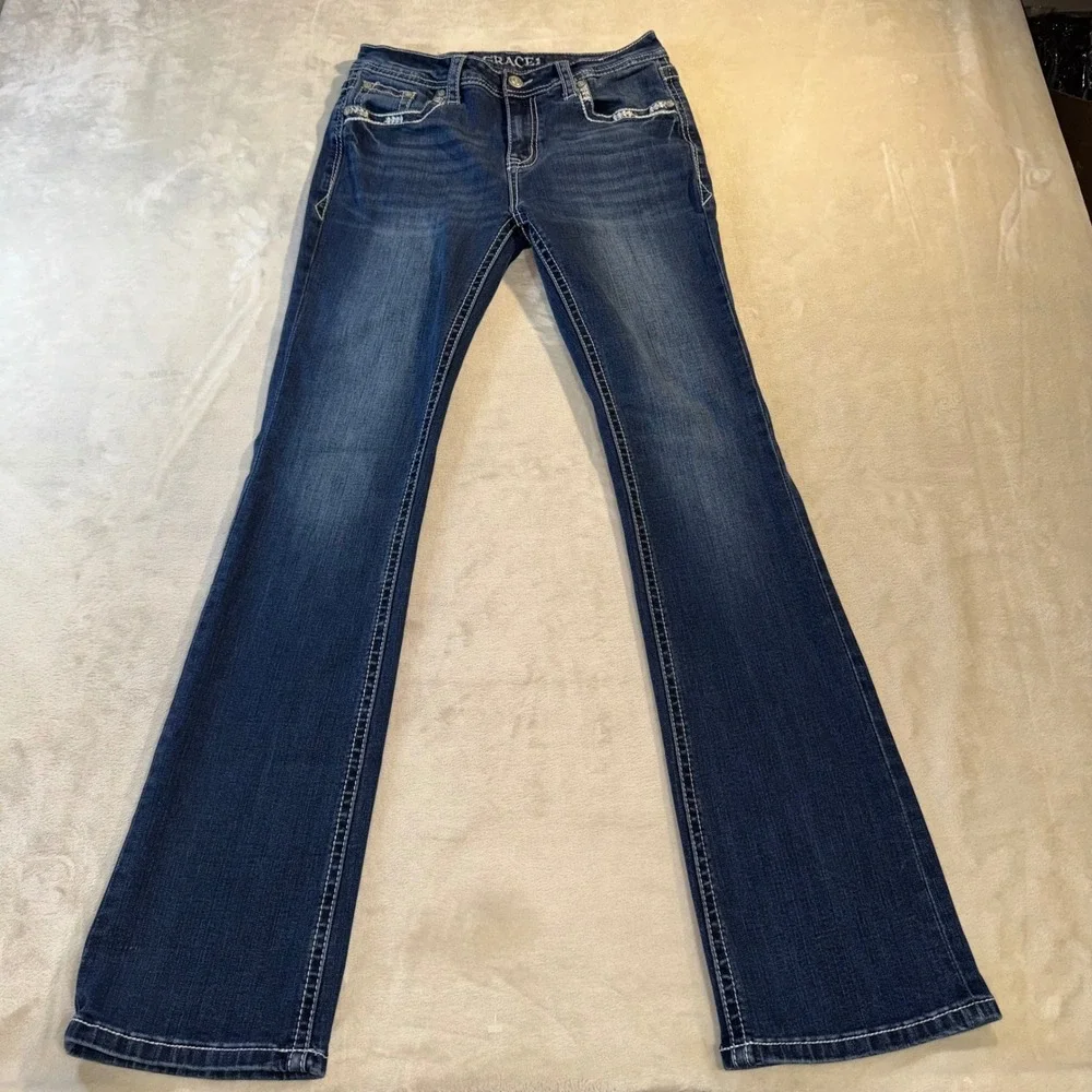 Grace in LA Womens Bootcut Jeans Dark Wash Horseshoe Embellished Size 28 Bling